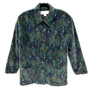 VTG Y2K DONCASTER Velvet Velour Coat 14 Green Colorful All-Over Floral‎ Pockets